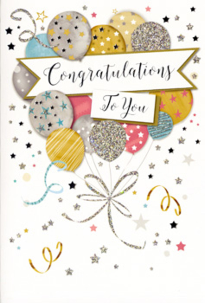 This elegant congratulations card is illustrated as though an entire celebration has been distilled into a single, uplifting image, the sort of card you might tuck alongside a hand-tied bouquet from Flowers Great Bookham before delivering it to a friend off Lower Road. A generous cluster of balloons forms the centrepiece, overlapping and rising together in harmonious tones of warm gold, soft silver, creamy champagne, pastel sky blue, rose blush, and subtle dove grey. Each balloon is finished with fine decorative details: some have glittery bands that curve gently around their rounded forms, others sparkle with tiny metallic stars or delicate dots, creating a lively interplay of shine and shadow, as though catching the evening light filtering through a window. From the base of the cluster, slender ribbons of gold and silver ink trail down in graceful loops and curls, loosely gathered in a flourish that adds movement and flow, much like curling gift ribbon spilling from a parcel opened after a celebratory meal in a cosy Great Bookham home. A refined banner crosses the composition at mid-height, carrying the phrase Congratulations To You in beautifully flowing calligraphy, the lettering slightly bolder than the surrounding details so it stands out without overpowering the artwork. Around the main motif, a scatter of metallic stars, tiny specks, and swirling lines creates a halo of confetti, evoking the feel of a surprise party or a well-earned toast after an achievement. The background is soft and understated, allowing the metallic and pastel tones to glow gently. The card radiates heartfelt pride and happiness, ideal for acknowledging accomplishments big or small-a promotion, graduation, new home, or any proud moment in Great Bookham that deserves to be remembered with grace and sparkle.