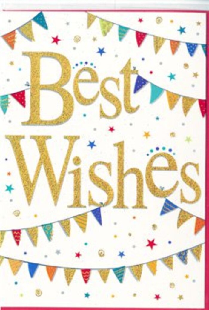 This congratulations card looks as though it has been inspired by a lively Great Bookham street celebration, yet translated into a refined and modern design. Dominating the centre, the words Best Wishes appear in glowing golden script, embossed so they rise slightly from the smooth white surface. The lettering is radiant, with a soft metallic gleam that feels like late-afternoon sunlight brushing the tops of trees around Bookham Common. Each stroke of the script flows seamlessly into the next, balanced between contemporary style and classic warmth, making the message feel both important and deeply sincere. Curving across the card above and below the text, lines of festive bunting form gentle arcs that frame the greeting like a garland draped over a doorway on the High Street for a special event. The pennants are small but full of character, painted in rich, saturated colours-emerald green, sapphire blue, ruby red, golden yellow-each triangle subtly different. Some flags feature neat stripes, others tiny dots or broken-tile patterns, suggesting individuality while still belonging to one harmonious string. Scattered lightly across the surrounding space are pinpoints of colour and small star shapes, evoking confetti and tiny fireworks bursting in mid-air the moment someone hears good news. The clean white background keeps the focus firmly on the joyful elements, giving the design a light, airy feeling instead of clutter. The mood is unmistakably celebratory but never brash, the kind of sentiment you might pair with a fresh arrangement destined for a doorstep near Little Bookham, marking a promotion, new baby, or long-awaited success. It's a card that quietly says, I'm proud of you, wrapping encouragement, joy, and support into one golden, glowing message.