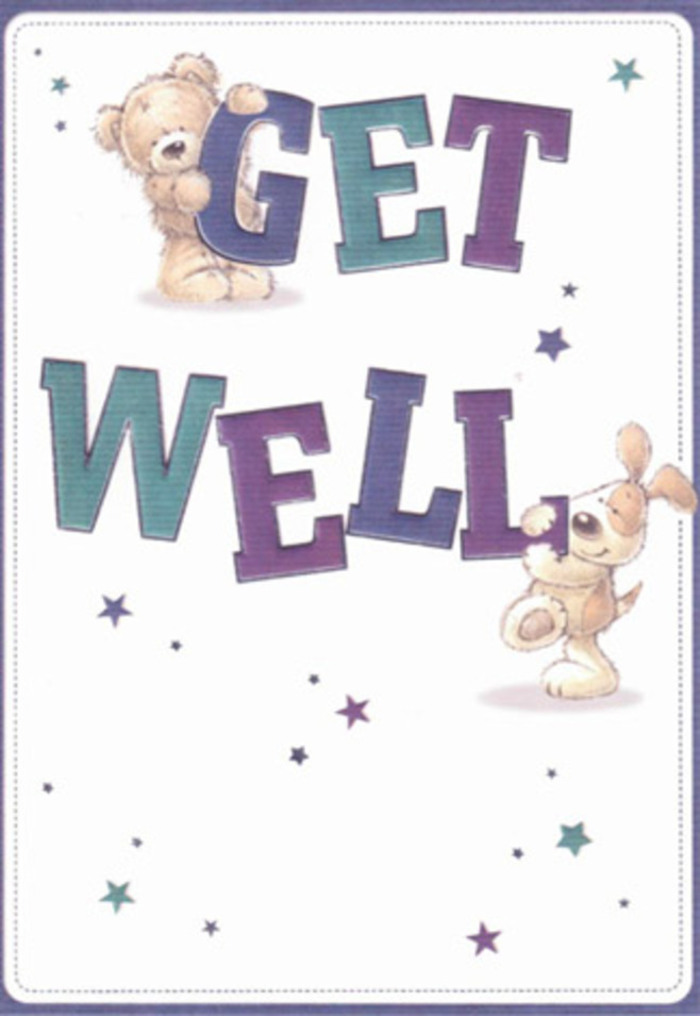 This get well card, so full of tender hope, speaks to the spirit of Great Bookham's neighbourhood charm. At its centre, a friendly bear and a lively puppy beam their encouragement-playful stars swirling above and beside them, as if whirling wishes through the village air from Bookham's quiet corners to the bustling Green. The typography captures a balance of strength and comfort, its large, softly shaded letters in purples and aquas echoing the confident reassurance a local florist gives when sending blooms on a grey day. Visual textures seem almost touchable: you can sense the bear's plush, comforting fur and the velvety, floppy ears of the cheerful puppy just by gazing at the illustration-a sensory delight akin to running your fingers over new petals in a bouquet from Flowers Great Bookham. The bright, airy background infuses the scene with a gentle, uplifting mood, making the card and its message an ideal companion to a fresh floral arrangement for a loved one recovering nearby. There's an understated artistry at play, where illustration and intent come together to radiate genuine heart-a quality cherished across Great Bookham's welcoming streets.