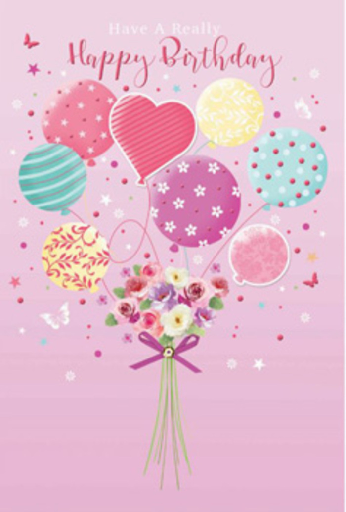 This enchanting birthday design feels like a miniature celebration in the air, the kind of joyful scene you might imagine after choosing the perfect bouquet in Great Bookham and carrying it home along Church Road. A blush-pink backdrop sets a gentle, romantic tone, allowing a cluster of pastel balloons to take centre stage. Each balloon is thoughtfully detailed: some shimmer with spiralling candy stripes, others are scattered with polka dots that seem to dance, and a few are adorned with delicate floral and swirl motifs. A softly glowing heart-shaped balloon sits near the middle, radiating affection and birthday joy. The colour palette-powder pink, minty green, soft lemon, lavender, and hints of coral-blends like watercolour, giving the scene a light, airy feeling. Below, a hand-tied bouquet anchors the floating display. Roses and daisy-like blossoms in creamy ivory, rosy blush, and tender mauve are clustered tightly, their petals layered and plush, as if freshly arranged by a skilled florist who cares about every detail. The bouquet is finished with a luminous violet ribbon bow, the satin tails curling gently and reflecting tiny highlights of imagined sunshine. Around the balloons and flowers, small stars, fluttering butterflies, and subtle sparkles drift, suggesting movement and a sense of wonder, like confetti carried on the breeze across the village green. The whole composition conveys a mood of warm, heartfelt celebration, echoing the feeling of giving or receiving a beautifully wrapped birthday gift in Great Bookham-personal, thoughtful, and filled with quiet excitement.