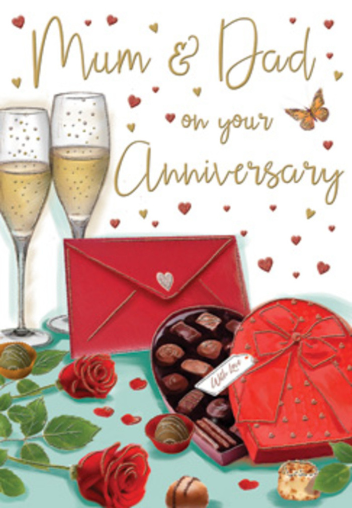 The illustrated anniversary card shows a romantic still life that feels perfectly suited to a cosy Great Bookham celebration, as if set on a polished table after a special dinner. At the heart of the design, deep red roses unfold in layered, velvety petals, their colour intense and warm against the rich greenery cradling them, much like a carefully chosen bouquet from a local Bookham florist. The roses rest beside an open, heart-shaped box of chocolates, its lid and base both dressed in tones of crimson and ruby. Inside, neat rows of truffles and chocolates shine softly, each piece shaped with care, hinting at smooth centres and shared indulgence. A bold red bow wraps around the box, its loops full and slightly curved, adding a touch of theatre to the otherwise intimate scene. Just beyond, two tall champagne flutes stand shoulder to shoulder, filled with sparkling golden wine. The bubbles catch the imaginary candlelight, suggesting the gentle clink of glass as a couple raise a toast to many years of marriage. Around them, tiny hearts in shades of crimson and gold drift in an easy pattern, framing a tender Mum & Dad message handwritten in flowing script. In the foreground, a rich red envelope lies ready, its clean edges and pointed flap hinting at a heartfelt note tucked inside, perhaps written earlier that day in a quiet corner overlooking the greenery around Great Bookham. The background glows with a soft, diffused light, giving the whole composition a dreamy, celebratory atmosphere-one that combines the scent of roses, the sweetness of chocolate, and the sparkle of champagne into a single, affectionate tribute to enduring love.