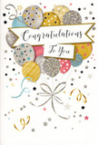 This congratulations card presents a scene of joyful refinement, like the polished final touch to a celebration taking place just off the Great Bookham High Street. At the centre, a bouquet of illustrated balloons rises gracefully, their rounded shapes layered in a soft, luminous palette of gold, silver, champagne, pale blue, blush pink, and muted grey. Each balloon carries its own personality through intricate decoration: shimmering stripes that wrap smoothly around their curves, scattered metallic stars that mimic a clear night sky over the Surrey countryside, and delicate confetti-like flecks that catch the light. Their fine, curling strings-rendered in sparkling gold and silver ink-sweep downward, intertwining in an airy knot that feels relaxed and festive, as if someone has just walked in carrying them for a surprise celebration. Floating across the middle of this cluster is a stylish banner, gently arched and edged with subtle detail, bearing the warmly worded message Congratulations To You in elegant, flowing script that suggests care and thoughtfulness. All around, the soft background is sprinkled with tiny stars, spirals, and confetti dots, giving an impression of gentle movement, like party decorations stirred by an open window on a summer evening near Bookham Common. The overall design is bright yet understated, balancing glamour and warmth. Imagining the card in hand, you can almost sense the faint texture of glitter and glossy ink under your fingertips, adding a tactile pleasure that matches the emotional weight of the occasion. It feels perfectly suited to celebrating proud milestones-graduations, promotions, exam successes, or any hard-won achievement-shared with someone special in Great Bookham.