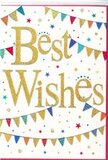 This Best Wishes card radiates the same kind of happiness you might feel walking through Great Bookham on a bright, festival-like day. In the centre, the greeting is written in bold, flowing golden script that gleams against a pristine white background. The letters seem slightly raised and luxuriously smooth, as if finished with a fine foil that would catch the light from a nearby window above the High Street, adding a gentle sparkle with each tilt. Above and below the message, lines of bunting arc gracefully across the card, echoing the easy sway of flags at a summer fair near Bookham Common. Each tiny triangular pennant is painted in vivid, cheerful shades of blue, red, green, and yellow, some with delicate stripes, others with polka dots or mosaic-style details, suggesting the crafted charm of handmade decorations. A subtle dusting of shimmer along a few of the flags hints at glitter or a glossy accent, without overwhelming the soft, celebratory tone. Around the central script, small coloured dots and dainty star shapes are scattered like confetti and sparkles, capturing that fleeting second when someone throws their hands in the air in delight. There is plenty of untouched white space, giving the entire design a clean, contemporary look while letting the bunting and gold lettering truly stand out. The overall feeling is bright, inclusive, and hopeful-the sort of card you might choose to accompany a bouquet delivered to a new homeowner off Lower Road, a student celebrating exam results, or a colleague moving on to a new role. It carries an unspoken promise of support and optimism, wrapping warm wishes in a simple, beautifully festive design.