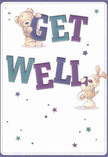 A vibrant get well card, bursting with playful optimism, showcases two beloved figures-a cuddly bear and a mischievous puppy-joined in a joyful dance of good wishes. You can almost hear their laughter echoing through Bookham's friendly cafés and leafy pathways. The pair enthusiastically cradle and balance the bold letters that spell out 'Get Well,' each font stroke painted with indigo blues and lively teals that leap from a soft cream-white background. Around them, stars in gentle tones of lavender and peacock blue sprinkle the scene with whimsy and hope, reflecting the sense of togetherness often felt in our community. The artistry is invitingly tactile, the bear's furry softness and the puppy's gentle ears rendered with such authenticity you'd imagine reaching out for a comforting touch, like the feel of a freshly delivered bouquet from Flowers Great Bookham. More than a simple greeting, this card delivers an emotional balm-offering warmth, reassurance, and the sparkling promise of recovery from the heart of Great Bookham.