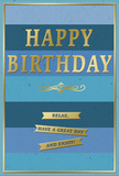 An understated yet luxurious birthday card stands against a neutral backdrop, its design built around tranquil blue tones and luminous gold details that would suit a cosy home anywhere in Great Bookham. The entire front is divided into wide, horizontal bands of blue, arranged from darker navy shades at the base to lighter, airy sky and teal hues nearer the top. These layered stripes form a calm, soothing gradient that feels like watching morning mist lift over Bookham's tree-lined streets. Centred across the middle, the message HAPPY BIRTHDAY appears in embossed capital letters finished in metallic gold. The gold lettering is crisp and clean, rising slightly from the card so it would feel smooth and cool to the touch. Directly beneath, a slender golden flourish adds a hint of traditional charm, like a decorative motif on old bookplates. Below this flourish, three narrow gold banners are stacked neatly, each ribbon carrying part of the warm, relaxed sentiment: Relax, have a great day and enjoy! The banners gleam softly, their reflective surface standing out against the matte, velvety blue background. A fine gold line frames the whole arrangement, giving the design a sense of completeness and care, as if it were ready to be placed beside a freshly delivered vase of flowers on a table off Church Road. The card's overall mood is gentle, inviting, and quietly festive, ideal for someone who enjoys thoughtful details and a moment of calm on their birthday.