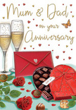 This detailed anniversary card illustration evokes the warmth of a family celebration in Great Bookham, filled with classic, romantic touches. In the centre, a pair of sumptuous red roses lies gracefully on a surface, their velvety petals opening in rich layers, framed by fresh green leaves that give the flowers a just-picked look. Nearby is an open, heart-shaped box of chocolates, its deep red casing and coordinating lid suggestive of luxury. Inside the box, an assortment of glossy chocolates sits in tidy rows, each piece promising a sweet moment to be enjoyed together. A broad, satin-like red bow wraps the lid, cascading slightly to echo the curve of the heart shape and the softness of the blooms. Standing just behind, two delicate champagne flutes are filled with pale golden fizz, the bubbles rising in fine streams that catch the soft ambient light, as though caught seconds before a toast. Tiny gold and crimson hearts seem to float through the scene, encircling a handwritten Mum & Dad greeting that conveys affection and gratitude without needing many words. In the foreground, a bright scarlet envelope rests at a slight angle, closed and waiting, its clean lines hinting at a loving message penned earlier, perhaps at a kitchen table looking out toward Bookham Common. The backdrop glows gently, as if lit by the warm lamps of a family home, giving the whole composition a sense of intimacy and celebration. It feels like a snapshot of an anniversary evening-roses, chocolates, champagne, and heartfelt words all gathered into one tender tribute to shared years and enduring love.